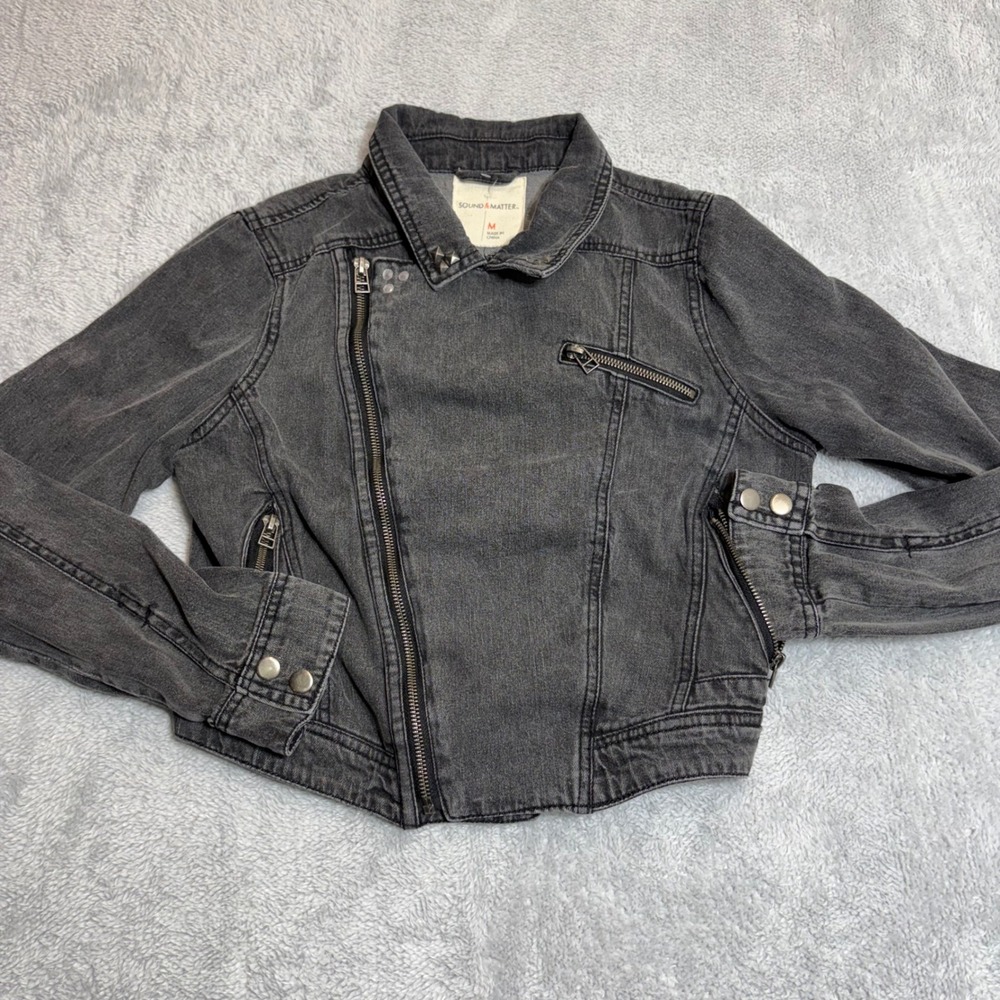 Sound & Matter Denim Moto Jacket Kids Size M Gray Washed Studded Biker Coat